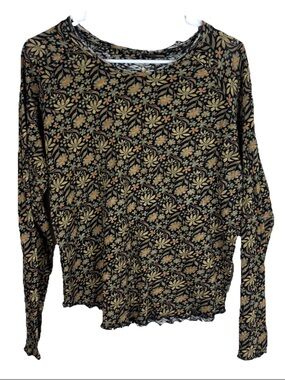 Natural Life Lily Tee Top Size Large Tan Daisies Long Sleeve Lettuce Edge Earthy